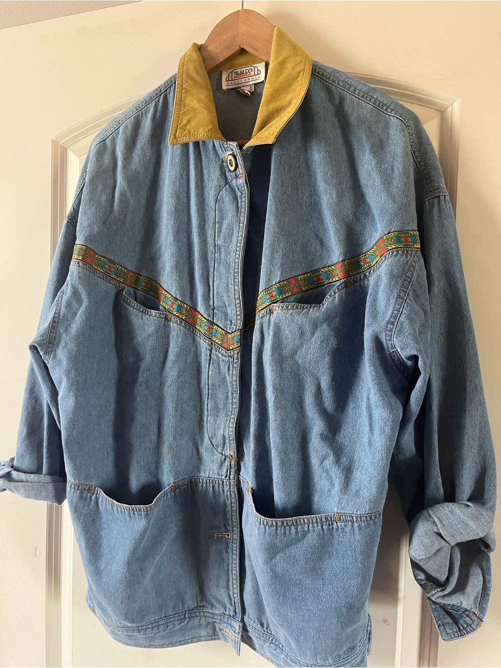 Rialto Light Blue Denim Jacket with Mustard Collar and Multicolor Trim